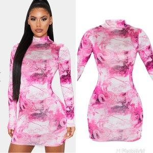 Hot pink oriental High neck & long sleeve bodycon dress